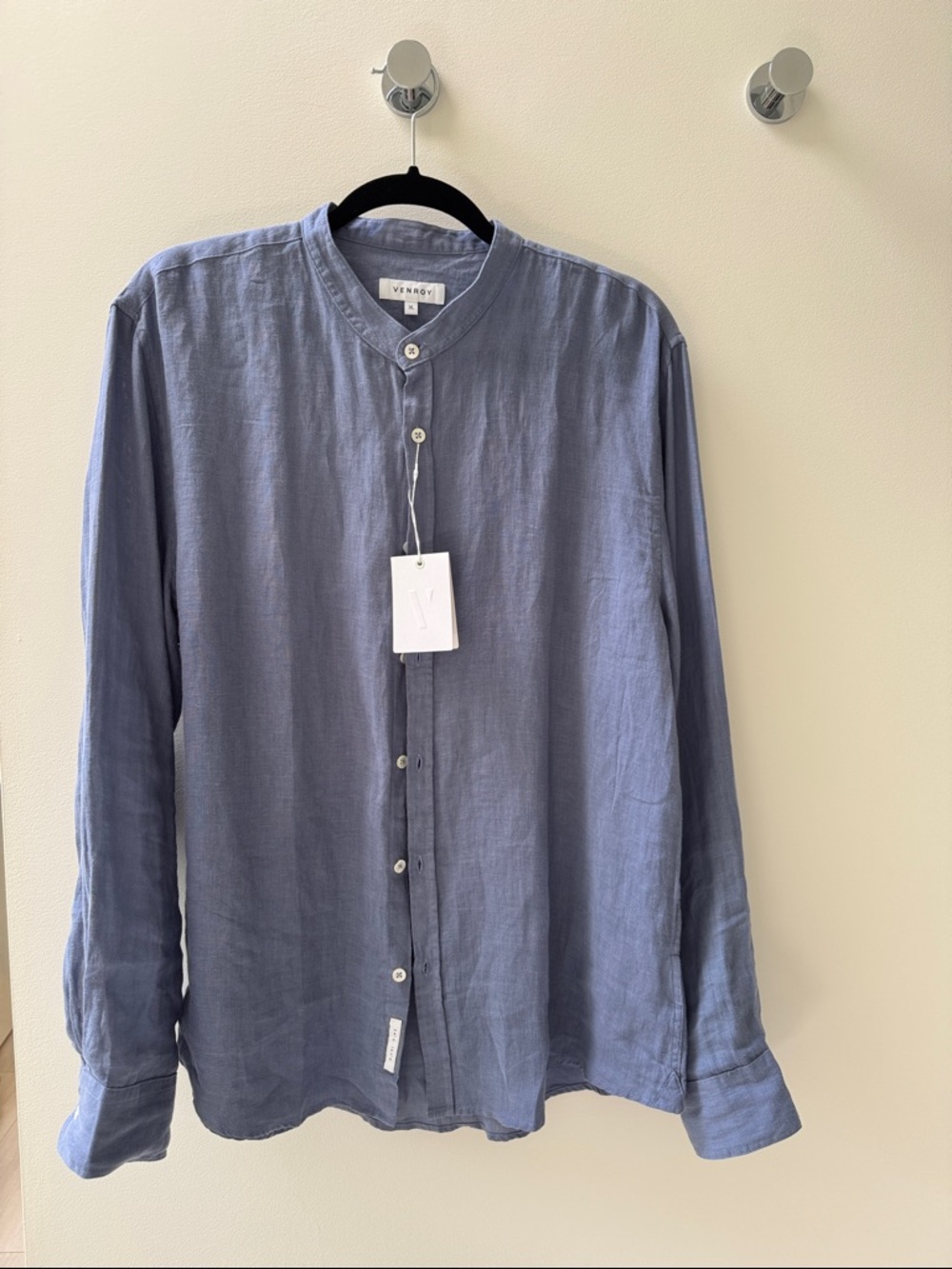 Venroy NWT Dusty Blue Linen Band-Collar Shirt